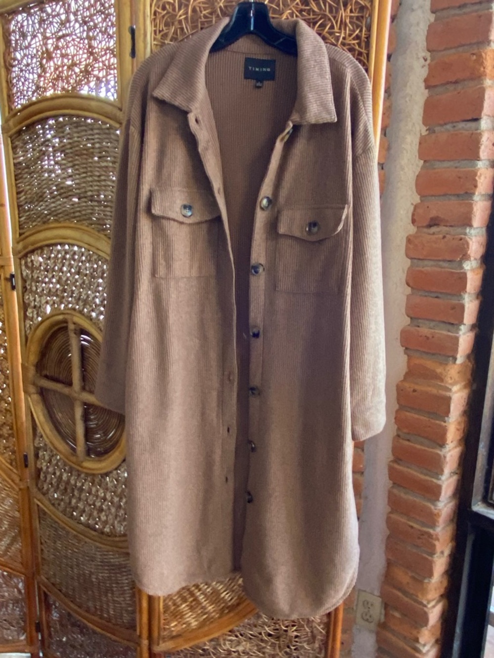 Timing Bohemian Ribbed Mid Length Sweater Cover Up, Kimono in Camel Side Pockets